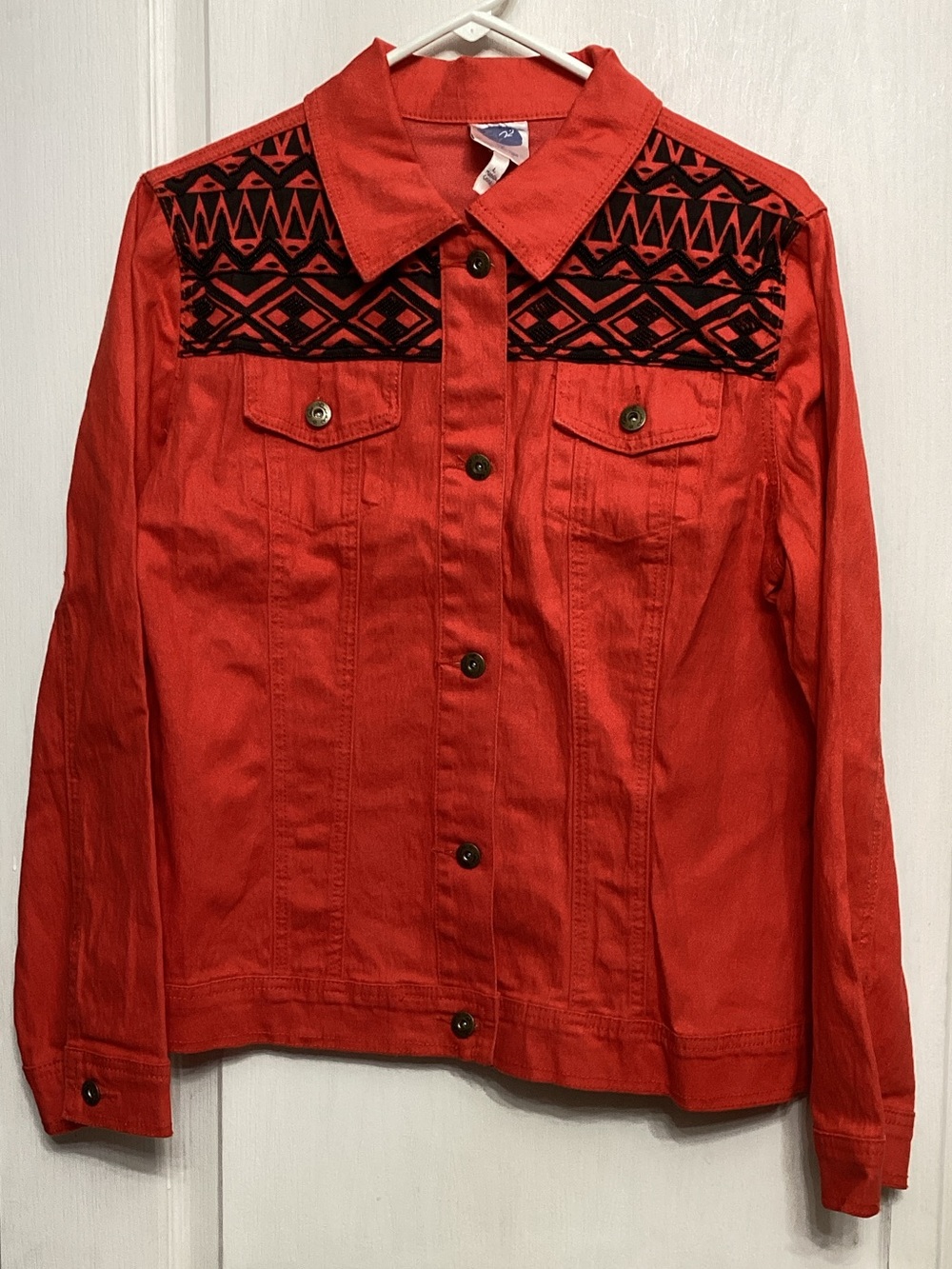 Diane Gilman Red Button-Up Jean Jacket with Black Embroidered Yoke